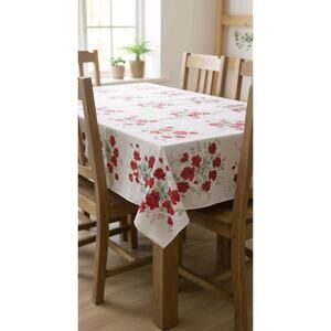 Vtg White Red Floral Print Grandma Cottagecore Rectangle Tablecloth 78"x63"